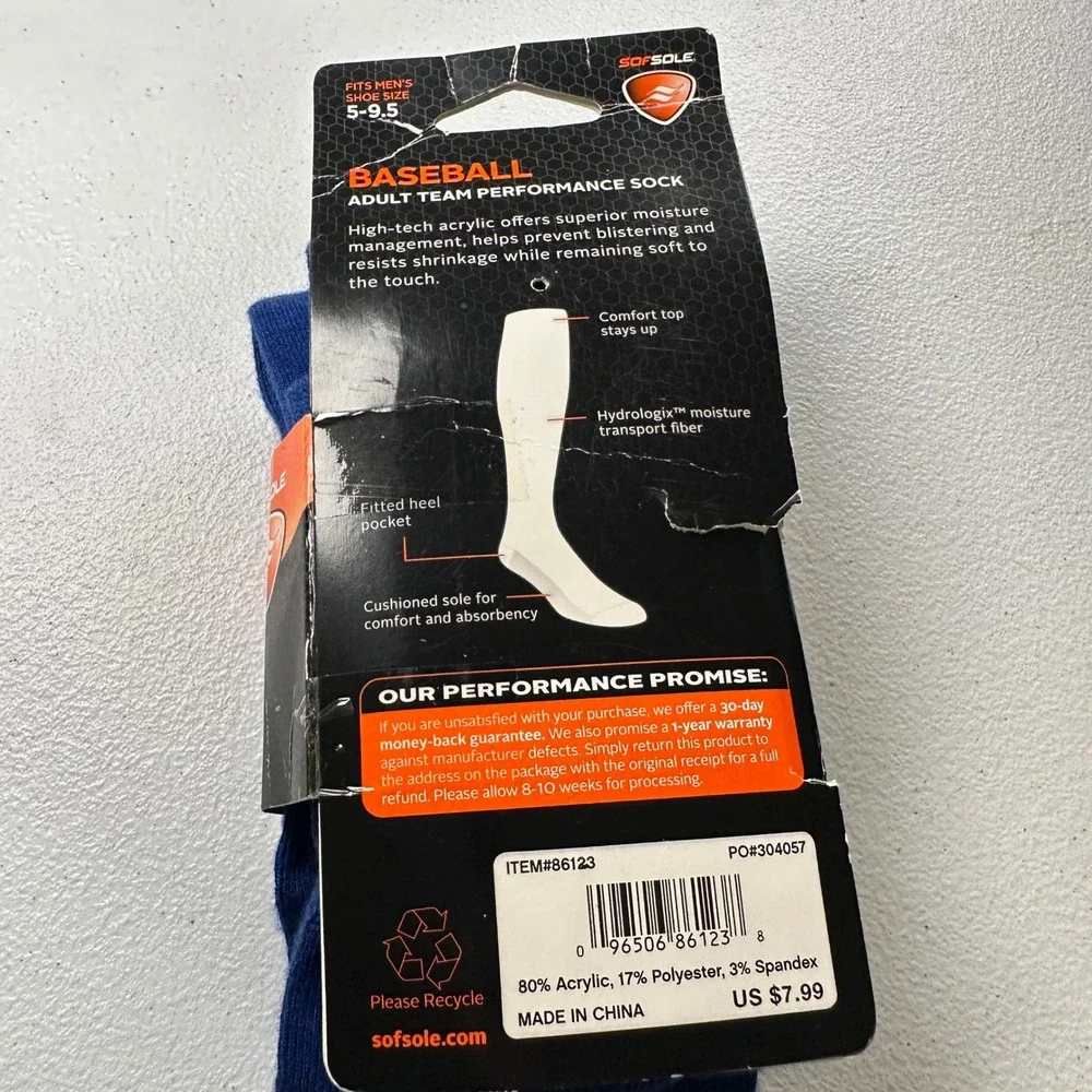 SofSole Baseball Performance Socks Blue Acrylic Blend Team Sport Men Size 5-9.5
